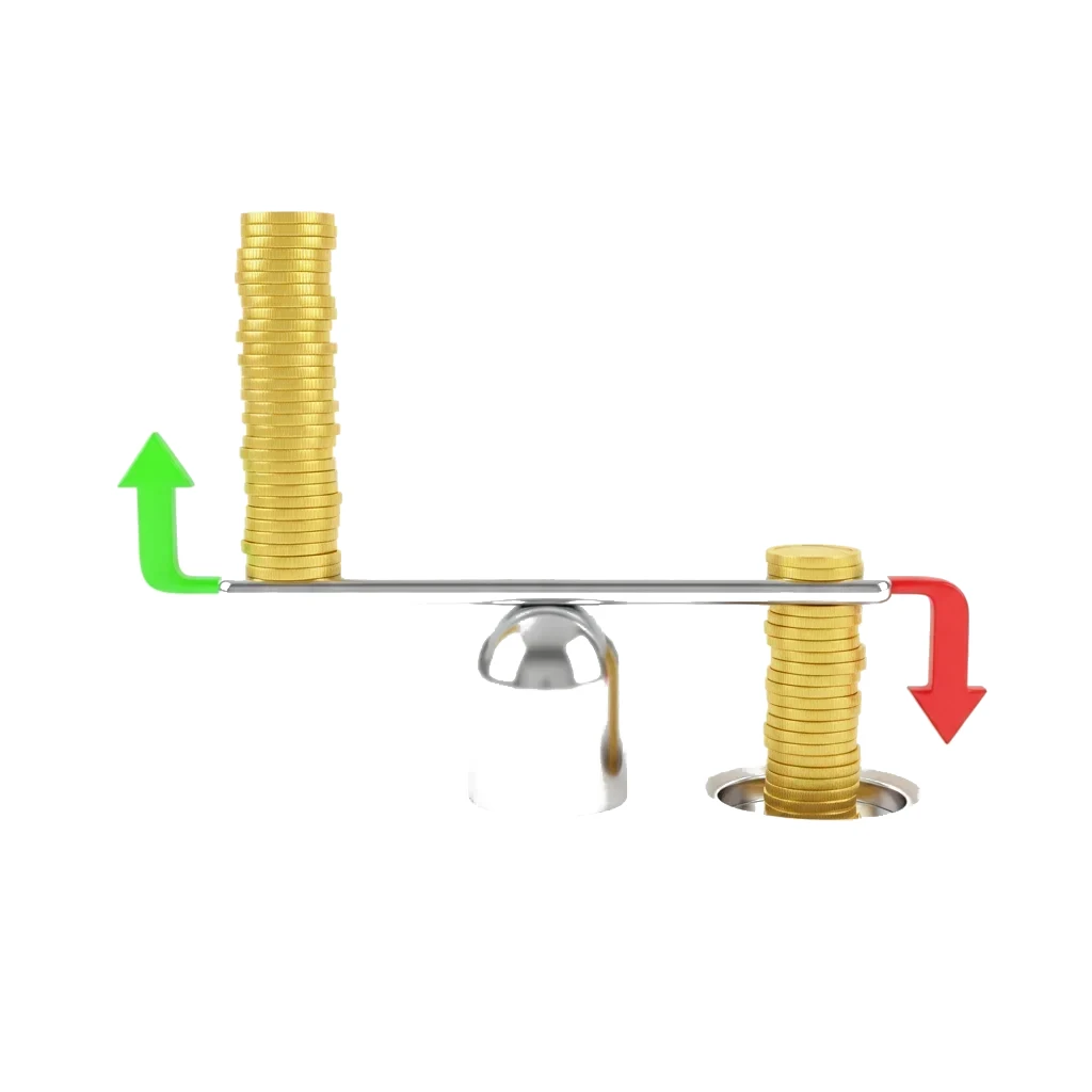 A symmetrical lever with coins rising on one side and falling on the other