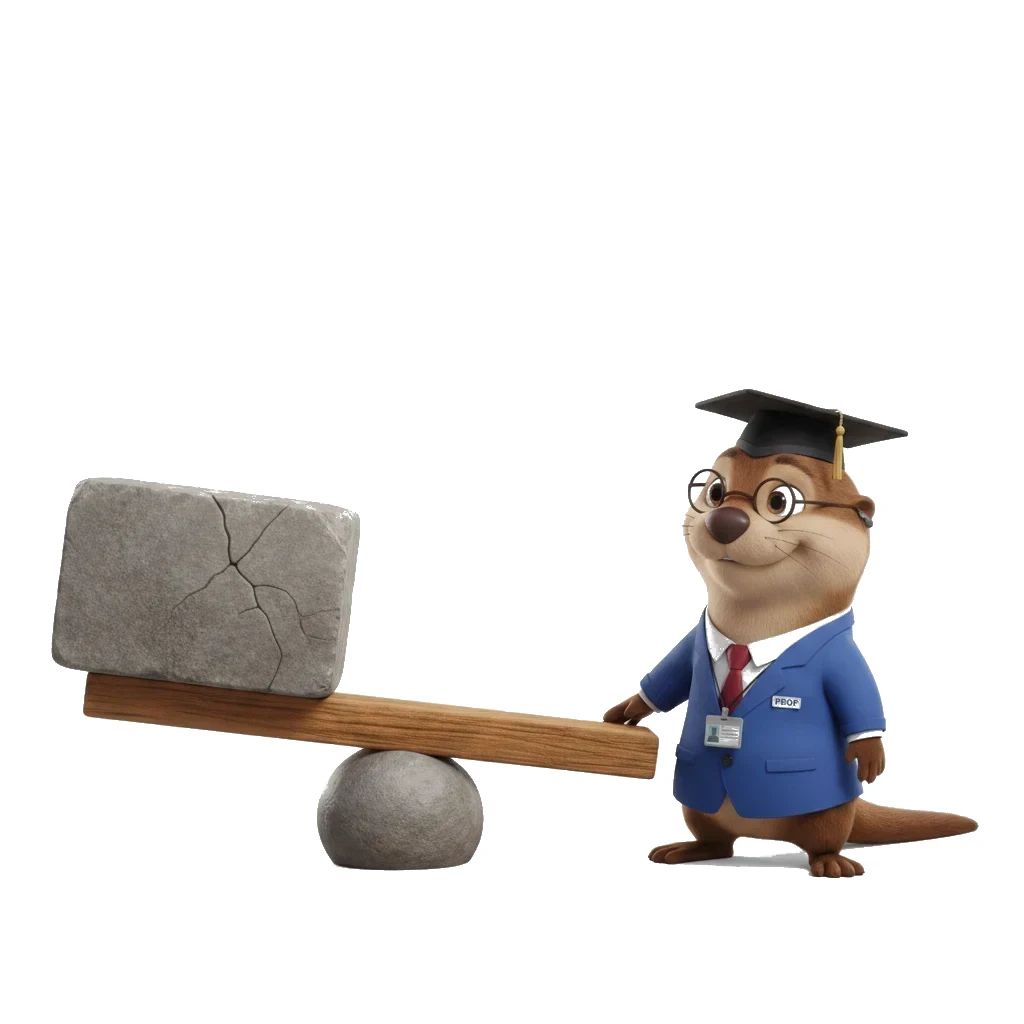 Professor Ollie resting a paw on a large lever lifting a heavy stone