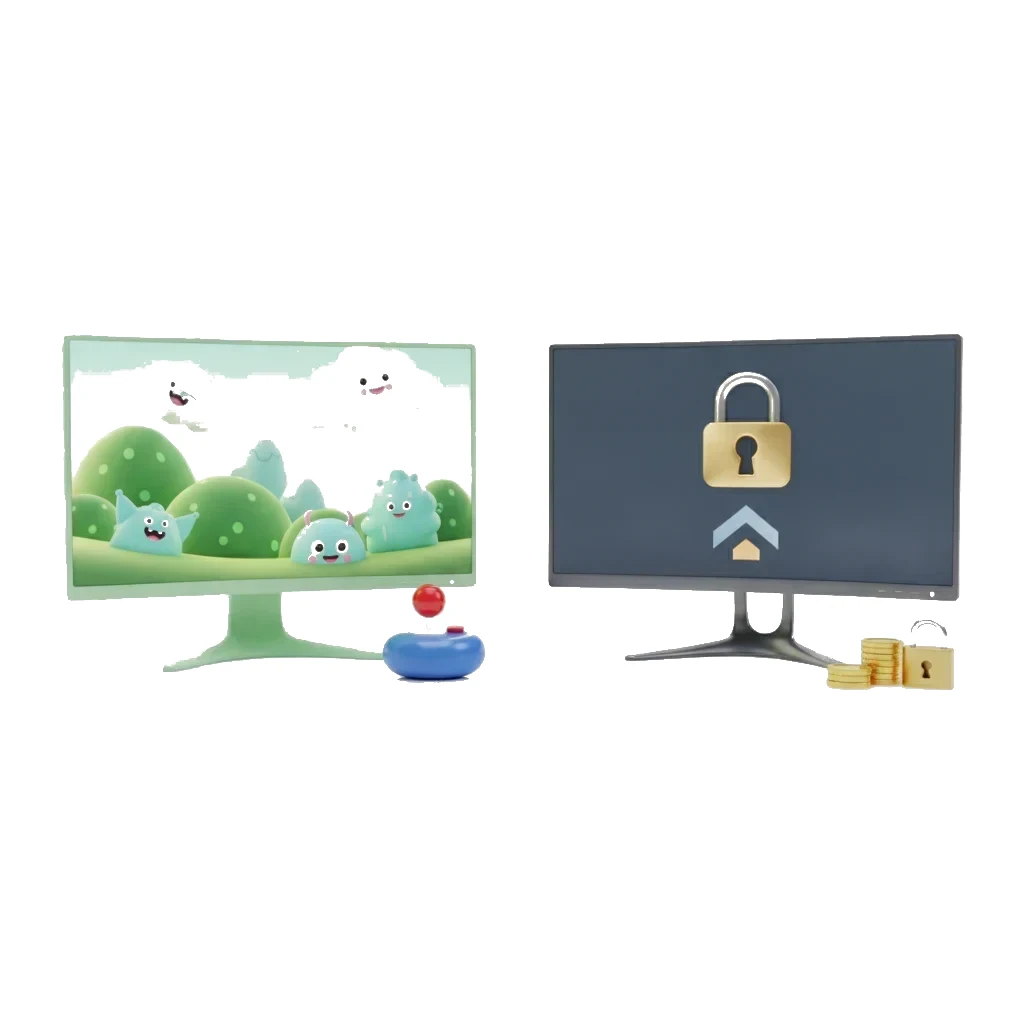 A playful demo screen beside a serious live screen with real coins