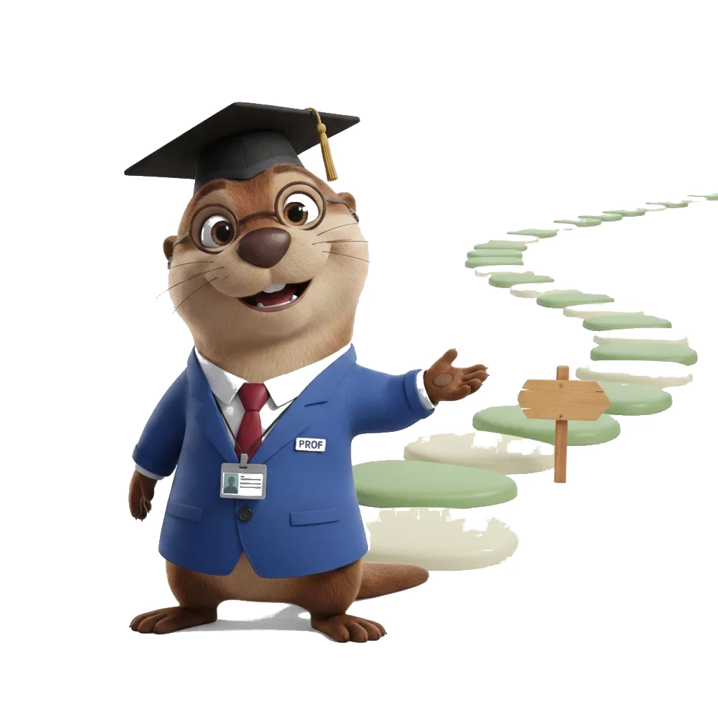 Professor Ollie at the start of a path of stepping stones