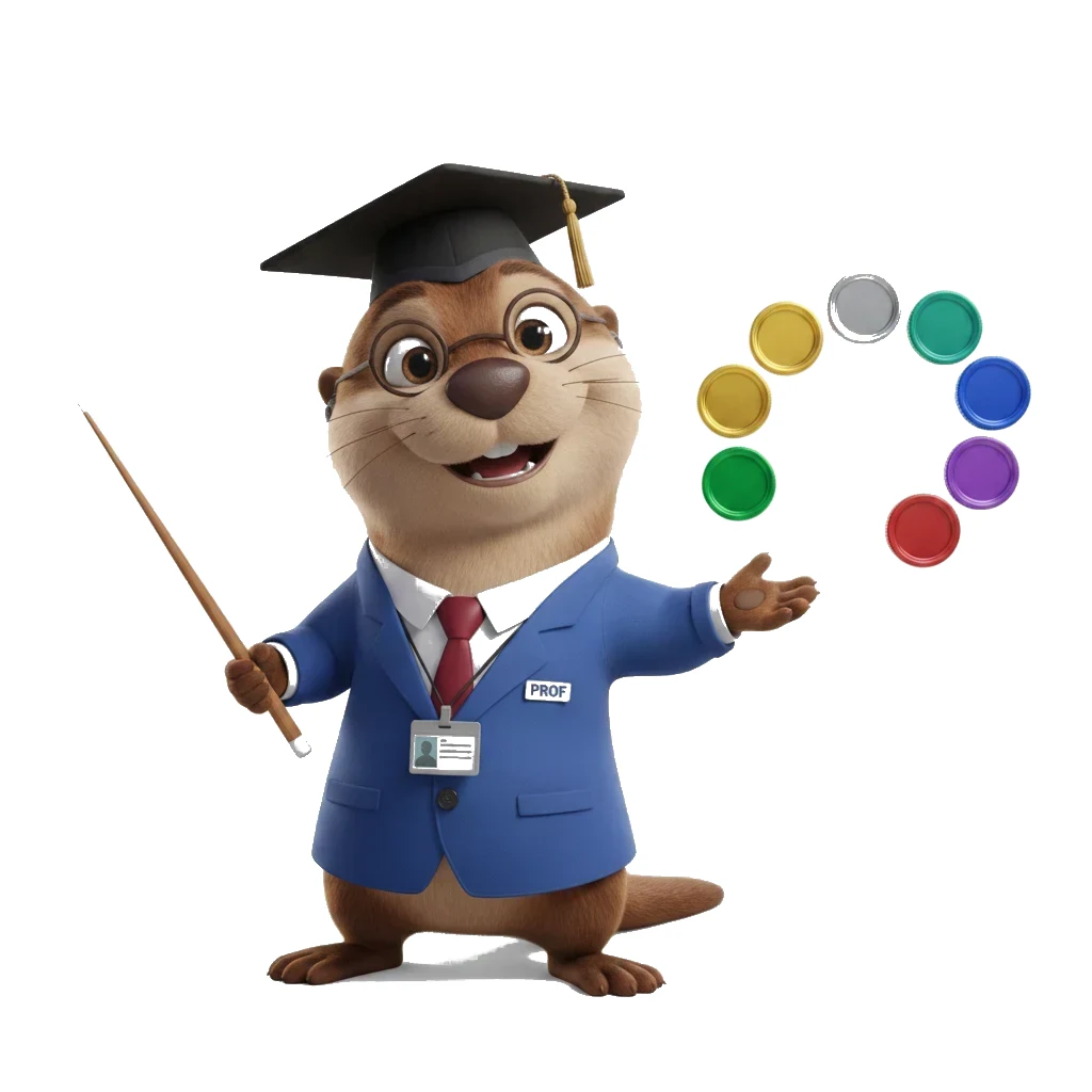 Professor Ollie presenting an arc of coloured coins