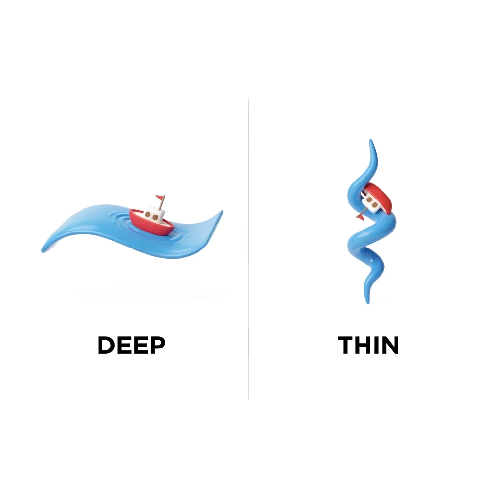 A wide calm river with a boat gliding, beside a narrow trickle with a stuck boat