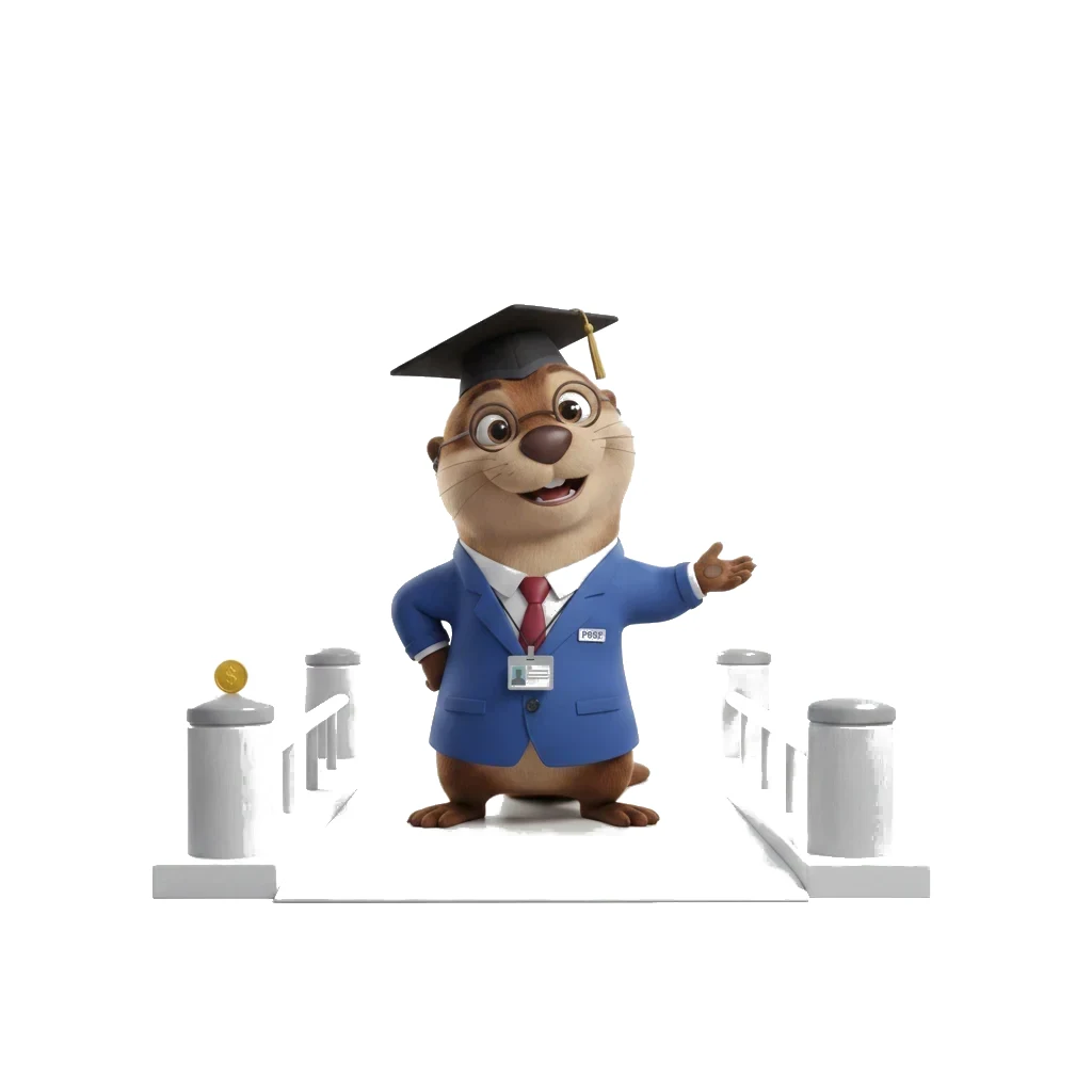 Professor Ollie standing on a small toll bridge between two gate posts