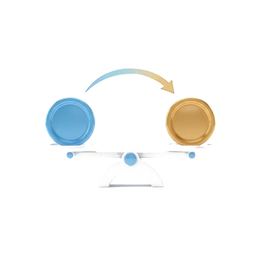 A balance scale with a blue coin on one side and a gold coin on the other